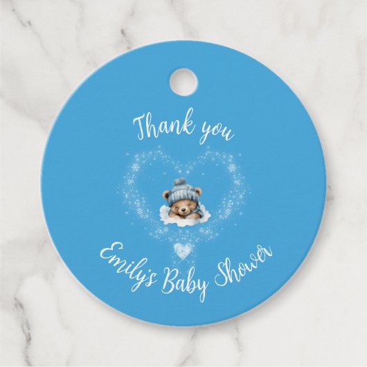 Schnee begeistert Blue Teddy Bear Baby Dusche Geschenkanhänger (Vorderseite)