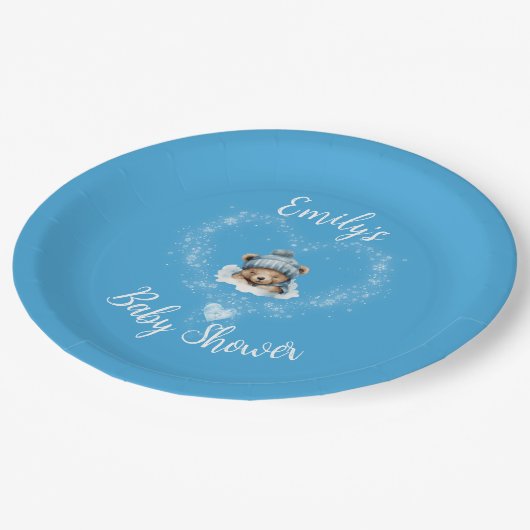 Schnee begeistert Blue Teddy Bear Baby Dusche Pappteller (Schrägansicht)