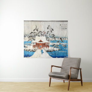 Schnee bei Benzaiten Shrine in Inokashira Pond uki Wandteppich