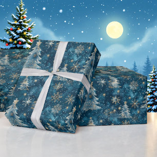 Schnee bei Nacht Weihnachtsbäume Wasserfarbene Rol Geschenkpapier