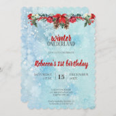 Schnee-Blumenwinter ONEderland 1. Geburtstag Einladung (Vorne/Hinten)