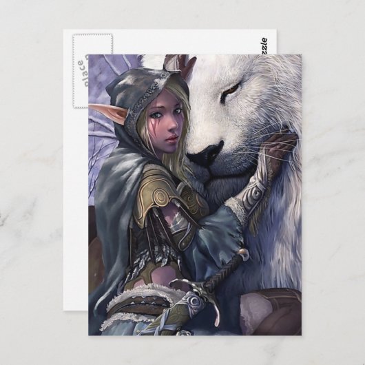 Schnee+Elf+Mädchen+mit+Löwe Postkarte (Vorne/Hinten)