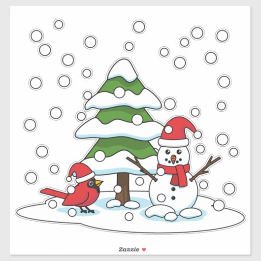 Schnee fällt auf Kardinal, Schneemann und Pine Tre Aufkleber (Blatt)