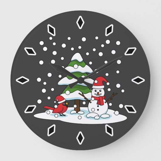 Schnee fällt auf Kardinal, Schneemann und Pine Tre Große Wanduhr (Vorderseite)
