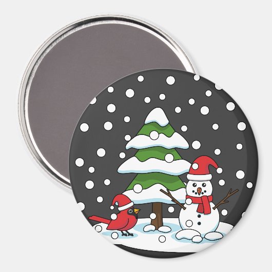 Schnee fällt auf Kardinal, Schneemann und Pine Tre Magnet (Vorderseite/Rückseite)