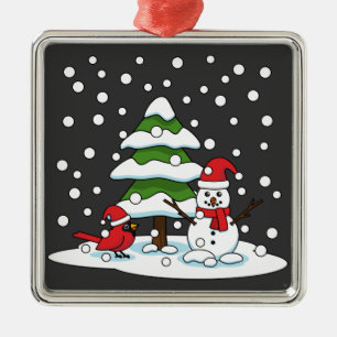Schnee fällt auf Kardinal, Schneemann und Pine Tre Ornament Aus Metall