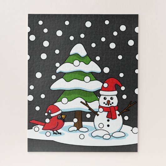 Schnee fällt auf Kardinal, Schneemann und Pine Tre Puzzle (Vertikal)