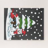 Schnee fällt auf Kardinal, Schneemann und Pine Tre Puzzle (Horizontal)