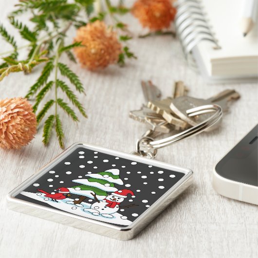 Schnee fällt auf Kardinal, Schneemann und Pine Tre Schlüsselanhänger (Seite)