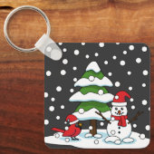 Schnee fällt auf Kardinal, Schneemann und Pine Tre Schlüsselanhänger (Vorderseite)