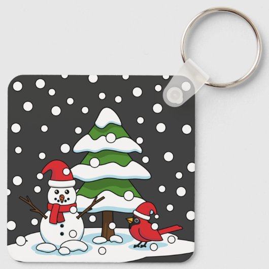 Schnee fällt auf Kardinal, Schneemann und Pine Tre Schlüsselanhänger (Rückseite)