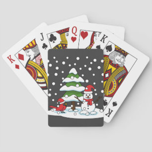 Schnee fällt auf Kardinal, Schneemann und Pine Tre Spielkarten