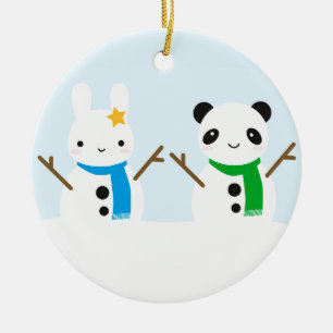 Schnee-Häschen u. Schnee-Panda Keramik Ornament