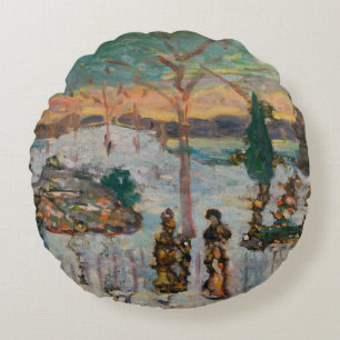 Schnee im April von Maurice Prendergast, Vintage K Rundes Kissen