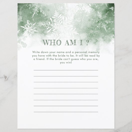 Schnee in der Liebe Brautparty Wer bin ich Game (Vorderseite)