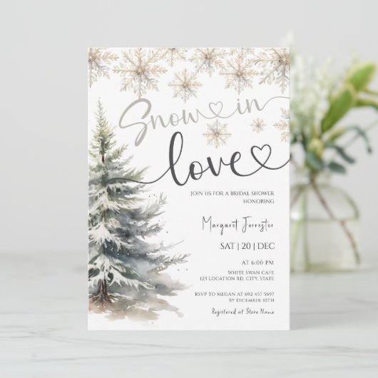 Schnee in der Liebe Brautparty Winter Schneeflocke Einladung (Stehend Vorderseite)