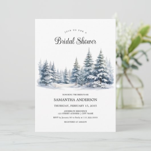 Schnee in der Liebe Kiefernwald Brautparty Einladung (Stehend Vorderseite)