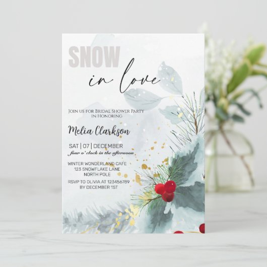 Schnee in der Liebe Weihnachts-Brautparty Party Einladung (Stehend Vorderseite)