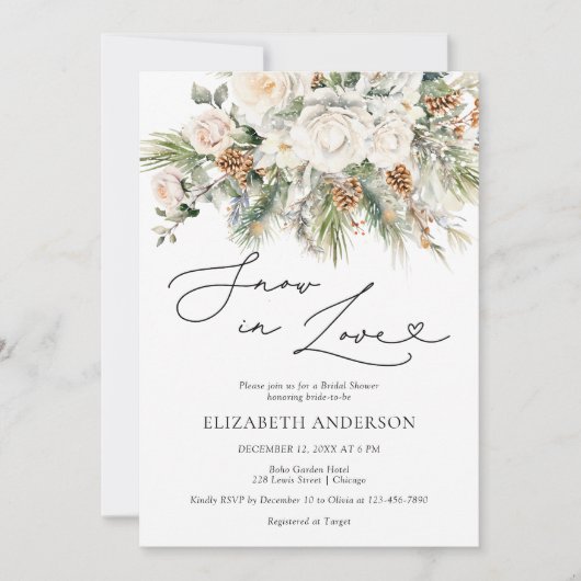 Schnee in der Liebe Winter Evergreen Brautparty Einladung (Vorderseite)