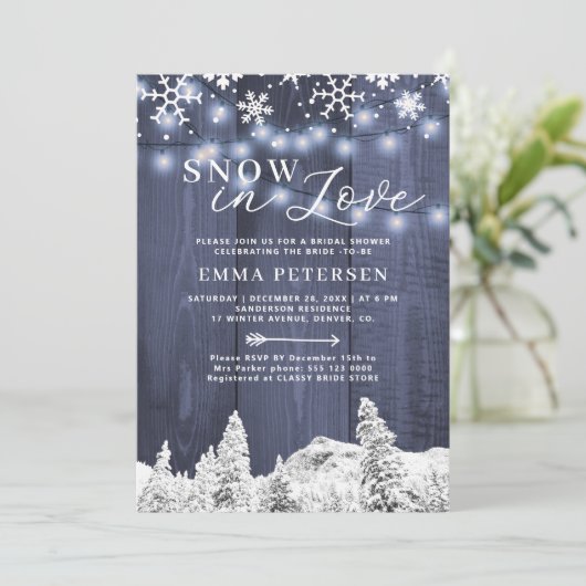 Schnee in der Liebe Winter Schneeflocken Brautpart Einladung (Stehend Vorderseite)