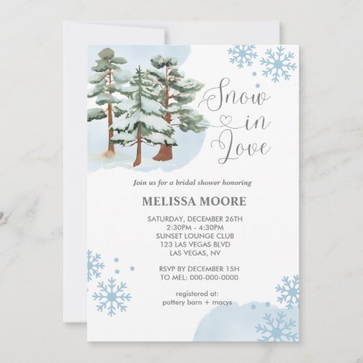 Schnee in der Liebe Winter Wald Schneeflocke Braut Einladung (Vorderseite)