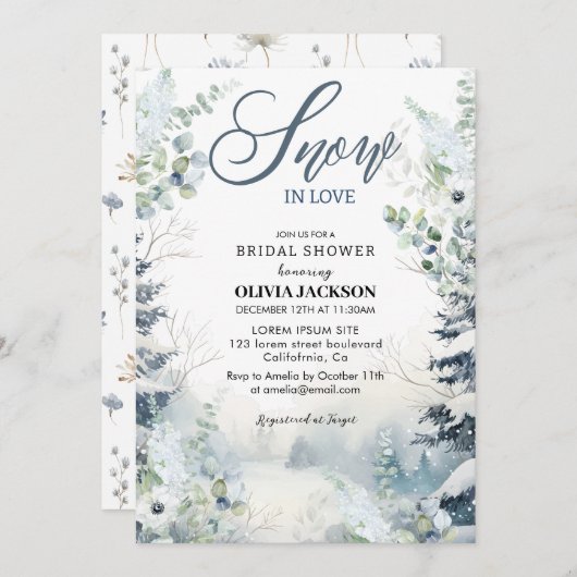 Schnee in der Liebe Winter Wunderland Blau Brautpa Einladung (Vorne/Hinten)