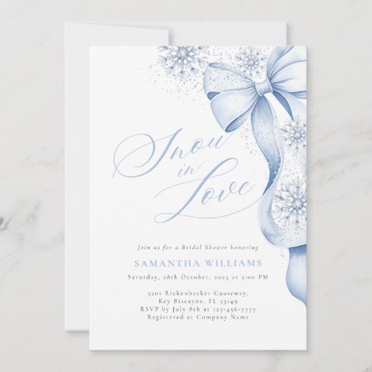 Schnee in Liebe Blue Bow Brautparty Einladung (Vorderseite)