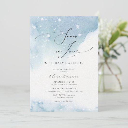 Schnee in Liebe Blue Watercolor Babydusche Einladung (Stehend Vorderseite)