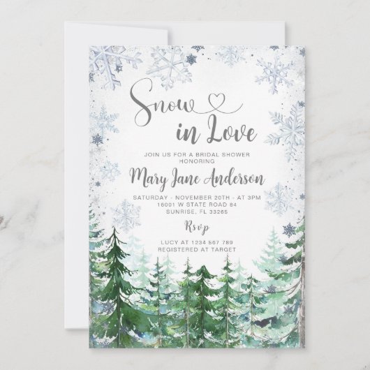 Schnee in Liebe Pine Tree Snowflake Brautparty Einladung (Vorderseite)