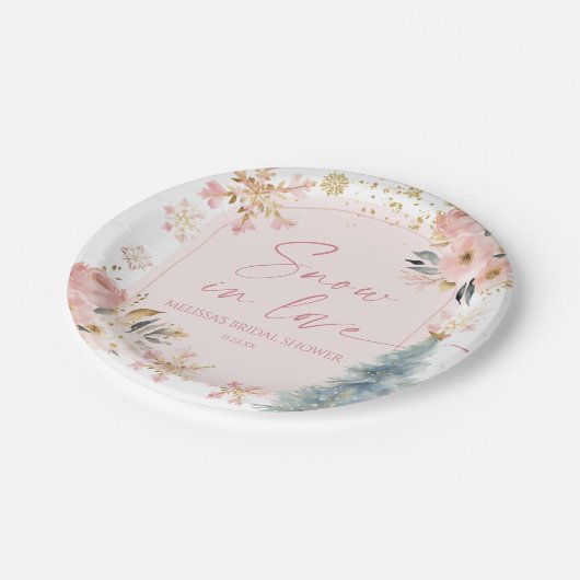 Schnee in Liebe Rosa Schneeflocken Winter Brautpar Pappteller (Schrägansicht)