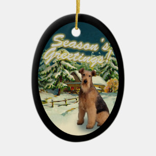 Schnee-Kabinen-Weihnachtsverzierung Airedales Keramik Ornament
