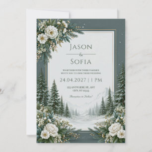 Schnee-Kiefer-Rosen-Hochzeit Einladung