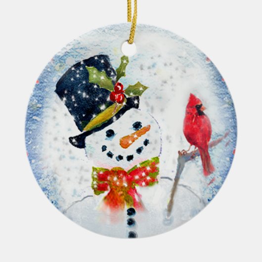 Schnee-Kugel-Snowman u. Kardinal Keramikornament (Vorne)