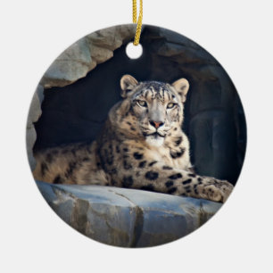 Schnee-Leopard Keramik Ornament