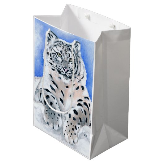 Schnee-Leopard Mittlere Geschenktüte (Vorderseite Schrägansicht)