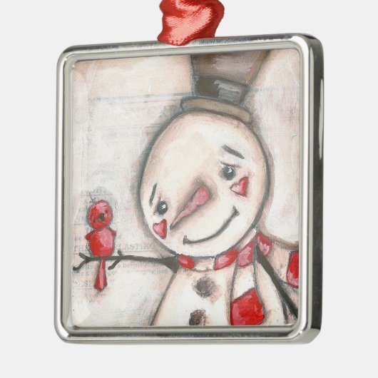 Schnee-Mann und roter Vogel - Verzierung Ornament Aus Metall (Links)