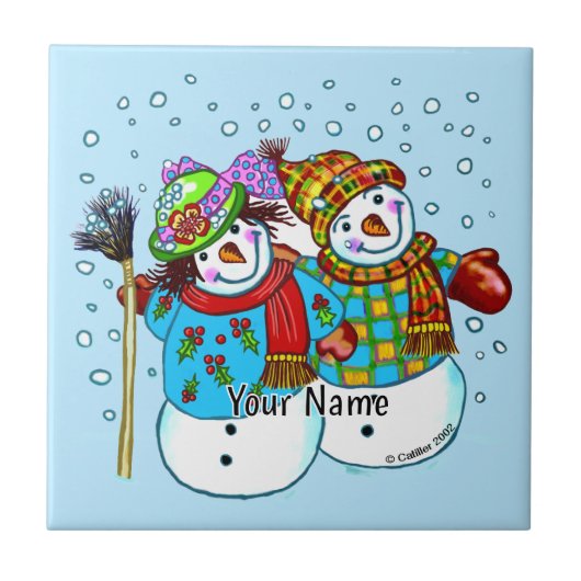 Schnee-Paar Schneemann Fliese (Vorderseite)