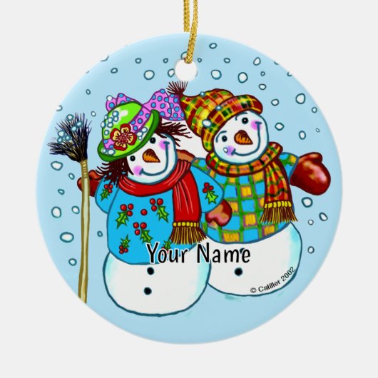 Schnee-Paar Schneemann Keramik Ornament (Vorne)