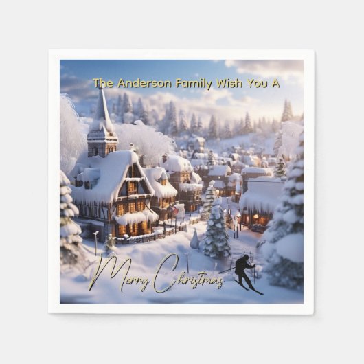 Schnee-Ski-Chalets editierbarer Weihnachtsgruß Serviette (Vorderseite)