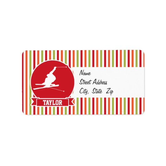 Schnee Ski, Skifahren, Rot, Orange, grüne Streifen Adressaufkleber (Vorne)