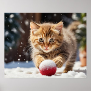 *~* Schnee Spielt Ball Katze 5:4 Kätzchen Katze A Poster