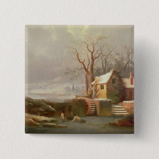 Schnee-Szene mit Mühle und Hütten Button (Vorderseite)