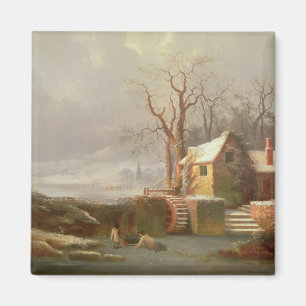 Schnee-Szene mit Mühle und Hütten Magnet
