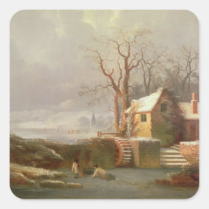 Schnee-Szene mit Mühle und Hütten Quadratischer Aufkleber