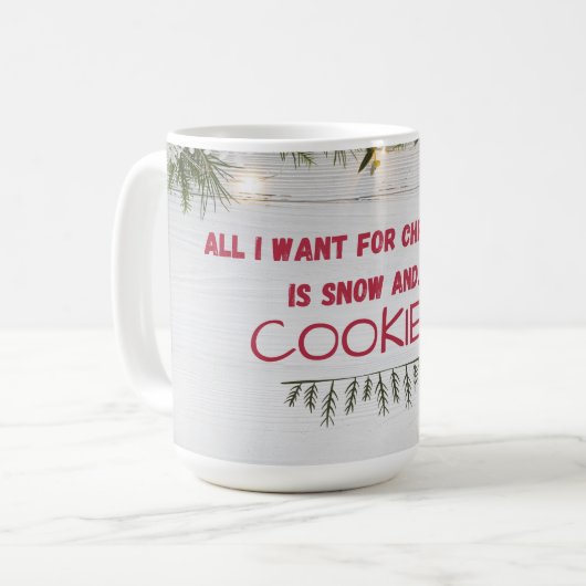 "Schnee und Cookies" Warm, gemütlich, Nostalgisch Kaffeetasse (Vorderseite Links)