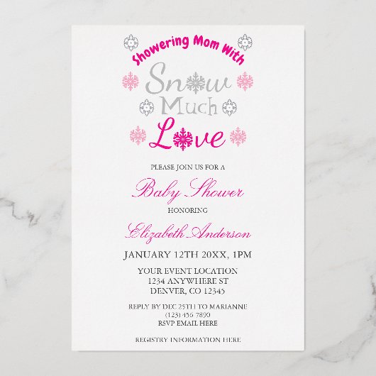 Schnee viel Liebe Winter Snowflake Babydusche Folieneinladung (Vorderseite)