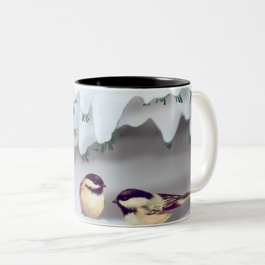 SCHNEE-VÖGEL durch SHARON SHARPE Zweifarbige Tasse (VorderseiteRechts)