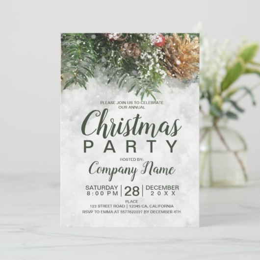 Schnee Weihnachten Land Unternehmen grünes Pinieng Einladung (Stehend Vorderseite)