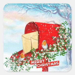 Schnee Weihnachten Vögel Rote Post Box Quadratisch Quadratischer Aufkleber