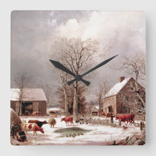Schnee-Winter-Bauernhof schüchtert Quadratische Wanduhr